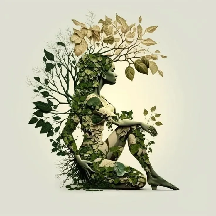 Illustratie van een zittende vrouw, opgebouwd uit groene bladeren en takken
